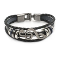 Multilayer black leather bracelet featuring a vintage silver music G-clef metal charm - Music Note