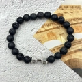 Lava stone dumbbell bracelet for fitness with engraved silver beads and elastic cord - Lava Stone with White Cross