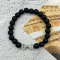Matte black volcanic stone bracelet with silver dumbbell charm featuring LIFT LIFE text - Matte Stone White