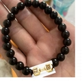 Men's natural black stone beaded bracelet with golden dumbbell charm featuring LIFT and LIVE - Glossy Black Dumbbell Gold