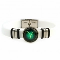 Detail of white silicone Aries bracelet with glowing green zodiac sign and metal clasp - White