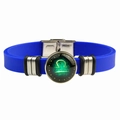 Detailed view of Libra zodiac symbol on blue silicone and stainless steel bracelet - Sapphire Blue