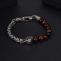 Men's stainless steel wheat chain bracelet with red tiger eye beads and heart charm - Red Tiger Eye Stainless Steel