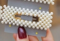 Elegant Korean style hairpin featuring tightly set white pearls on a metallic base - Square Cutout