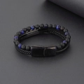 Close-up of men's multi-layer bracelet with blue tiger eye beads and black magnetic clasp - Blue Tiger Eye Black Braided Leather (BMB-0033-Blue)