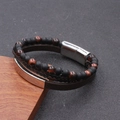 Men's multi-layer bracelet with tiger eye beads and black woven leather straps - Stainless Steel Silver Clasp Triple Layer Red Tiger Eye (BMB-0016)