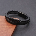 Men's multi-layer black leather bracelet set with tiger eye beads and magnetic buckle - Black Leather Black Magnetic Clasp Triple Layer (BMB-0016)