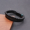 Men's multilayer bracelet with black beads, woven leather cord, and turquoise magnetic clasp - Black Brown Leather Black Magnetic Clasp Triple Layer (BMB-0016)