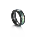 Polished black tungsten ring with faceted edges and colorful abalone shell inlay - US 8 / Black