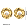 Detail view of gold wavy round earrings with white pearls, height 4.9cm and weight 32.5g - Irregular Pearl Wave Style (S-E960)