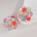 Macro shot of colorful multilayer flower earrings with gold edges and crystal beads - Colorful 3D Flower Style (S-E1022)