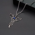 Gothic dragon and sword stainless steel cross pendant with deep blue crystal for men - Blue Cross