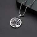 Detail of dragon relief pendant with twisted border on a stainless steel box chain - Circle Dragon