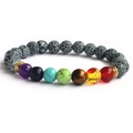 Makro-Detail des 8mm Sieben-Chakra-Yoga-Armbands mit goldenen Metall-Zwischenperlen - Gold Spacer Verwitterter Stein Stil