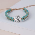 Armband mit blauen Afrikanischen Steinperlen, Lebensbaum-Anhänger und braunem Seil - Blauer Türkis Silber Baum