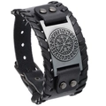 Détail du compas Vegvisir Viking gravé sur bracelet en cuir noir avec bords tressés - Boussole (Vegvisir Viking)