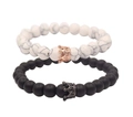 Close-up of 8mm beaded crown bracelets featuring white howlite and matte black agate beads - 2-Piece Set (Matte Stone And White Turquoise) / Matte Stone + Synthetic White Turquoise