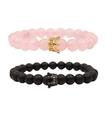Detail of couple beaded bracelets featuring matte pink and black agate with crown charms - 2-Piece Set (Matte Stone And Rose Quartz) / Matte Stone And Rose Quartz