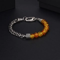 Vintage stainless steel wheat chain bracelet with amber resin beads and lobster clasp - Amber