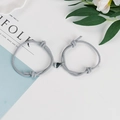 Magnetic matching heart couple bracelets with grey braided rope and adjustable knots - Gray