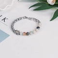 Detail view of steel chain bracelet with colorful natural stones and a vintage heart charm - Amazonite Stainless Steel
