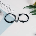 Bracelets de couple magnétiques avec cœur en corde tressée noire et charmes argentés - Bracelet / Bracelet Pierre à Souhait Noir