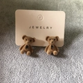 Cute brown flocked teddy bear stud earrings with black bow ties on white jewelry card - Khaki (Ear Studs)