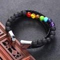 Lava stone chakra bead bracelet with black braided rope and silver magnetic clasp - Silver Magnetic Clasp Multi-layer Style / Seven Chakra (BMB-0030-1)