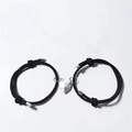 Magnetic heart couple bracelets with black braided cord and silver metal charms - Black Cord With Silver Heart