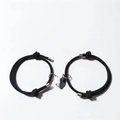 Couples magnetic heart bracelets with adjustable black woven rope and silver charms - Black Cord With Black And Silver Heart