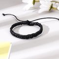 Bracciale da uomo in pelle nera intrecciata a mano con ciondolo a foglia e lacci regolabili - Stile Corda Intrecciata Nera