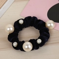 Elegante elastico per capelli in velluto nero con perle finte in stile retrò francese - Blu scuro