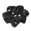 Elegant black satin scrunchie for women with five white pearl accents on white background - Black