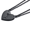 Couples black stainless steel jigsaw heart pendant necklace with matching link chains - Heart Puzzle Style (NST-0160) / Black