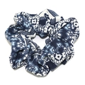 Floral print hair scrunchie in deep blue fabric with ethnic patterns and elastic band - Three-Color Floral