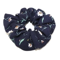 Floral scrunchie in navy blue with white daisy pattern and textured cotton fabric - Black Floral