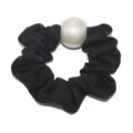 Fashionable black satin fabric hair scrunchie with a large glossy white pearl decoration - Black