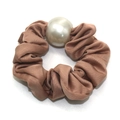 Elegant satin scrunchie in dusty rose with a large pearl accent for women's hair styling - Coffee