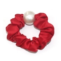 Elegant red satin scrunchie with a large white faux pearl bead for women's hair styling - Red
