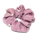 Elastic lavender satin scrunchie with white pearl accents for women's hair styling - Lavender