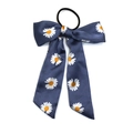 Navy blue daisy print bow hair tie with high elastic band and satin ribbon finish - Daisy Streamer Blue / Blue