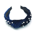 Elegant navy blue velvet knotted headband with white pearls for women hair accessories - Navy Blue