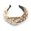 Knotted khaki velvet headband with elegant faux pearls for a retro fashion look - Light Coffee