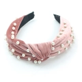 Pink velvet knotted headband featuring elegant white faux pearls for women - Pink