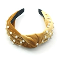 Mustard yellow velvet knotted headband with white pearls and anti-slip lining - Yellow