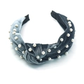 Knotted velvet headband with pearl embellishments in a soft dusty blue finish - Blue Gray