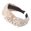 Champagne velvet knotted headband with white artificial pearl embellishments - Beige
