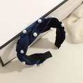 Navy blue velvet braided headband decorated with elegant white faux pearls - Pearl Braided Style / Pearl Velvet Navy Blue
