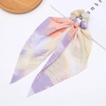 Elastico per capelli boho con nastri lunghi in motivo astratto tie-dye viola e arancio - Viola Arancione Giallo Astratto (2)