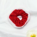 Christmas red velvet scrunchie with white faux fur trim on elegant satin background - Christmas Red